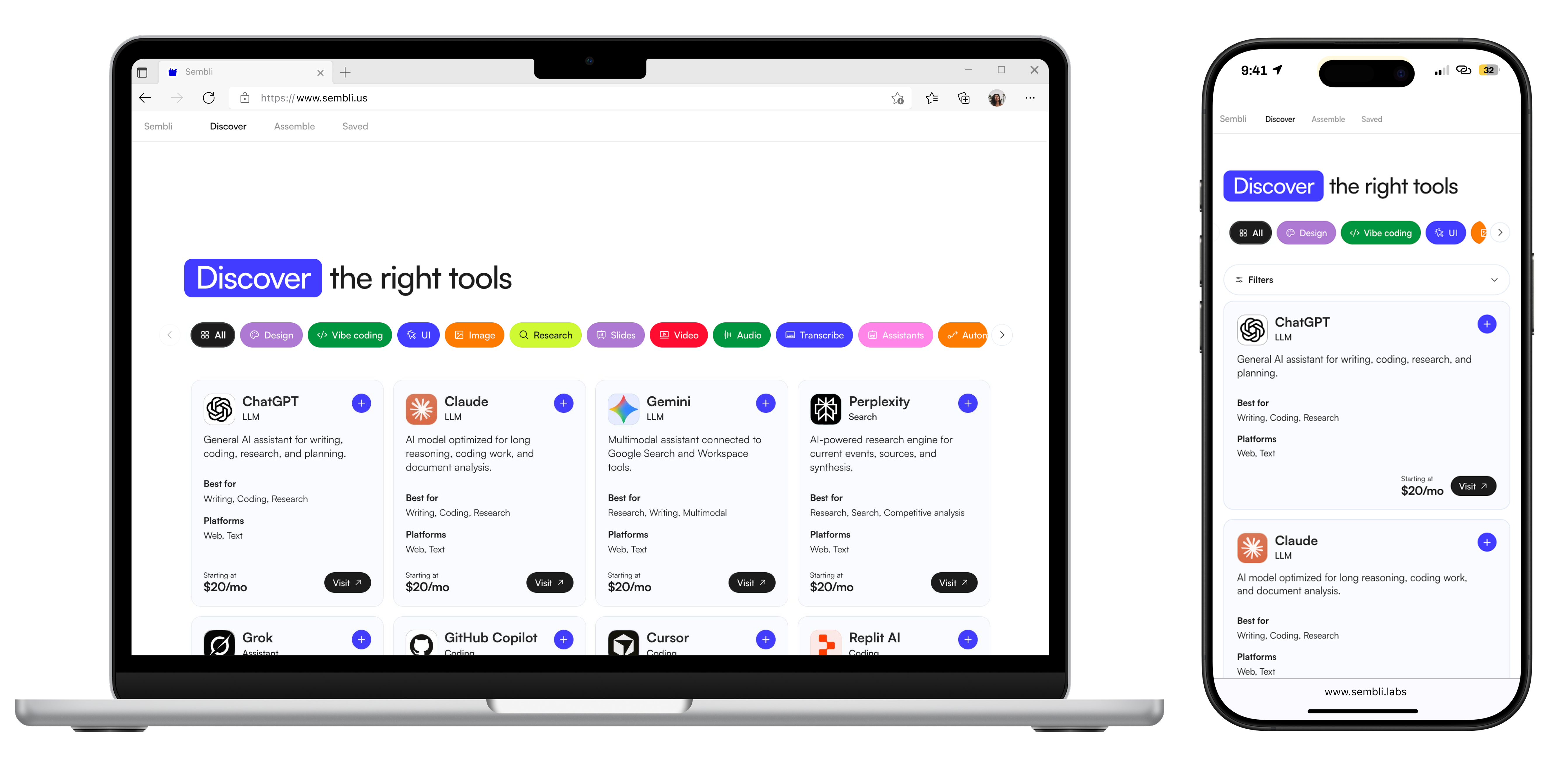 Sembli Discover page on desktop and mobile